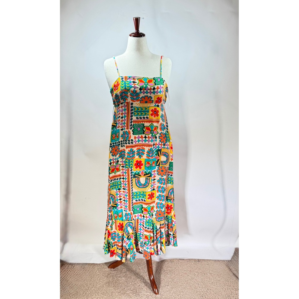 Paper Heart Womens Multicolor Geometric Floral Cutout Back Ruffle Midi Dress M